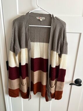 Women's Cozy Knit Maroon Gray Cream Tan Open Cardigan with Pockets, Large